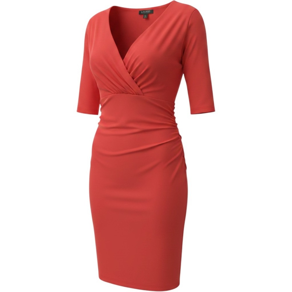 Lauren Ralph Lauren Red Ruched Surplice V-Neck Sheath Dress Size 8 Elbow Sleeve